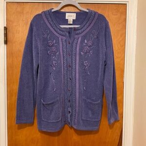 Vtg Jenny Embroidered Beaded Sweater Women M Button Periwinkle Blue Purple READ
